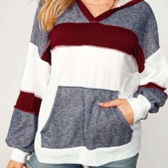 *Last One* Color Block White/Navy/Burgundy Outseam Detail Hoodie Top, sizes M - Picture 7 of 7